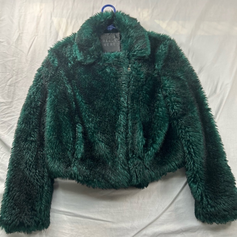 BELLE VERE | Emerald Green Faux Fur Moto Jacket (XS) - Picture 11 of 12